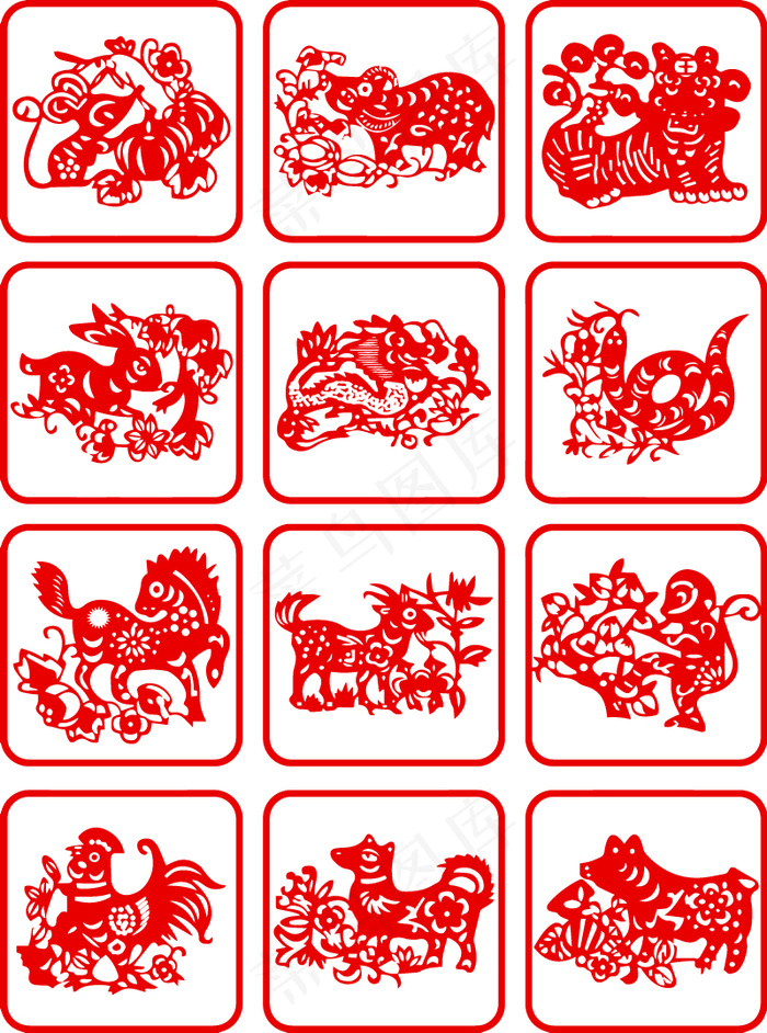 中国风十二生肖动物剪纸矢量素材eps,ai矢量模版下载