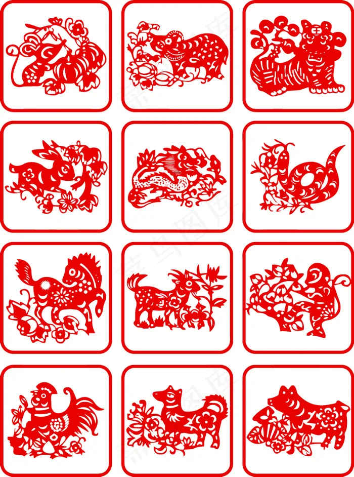 中国风十二生肖动物剪纸矢量素材eps,ai矢量模版下载