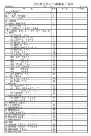 企业财务会计月报附列指标表