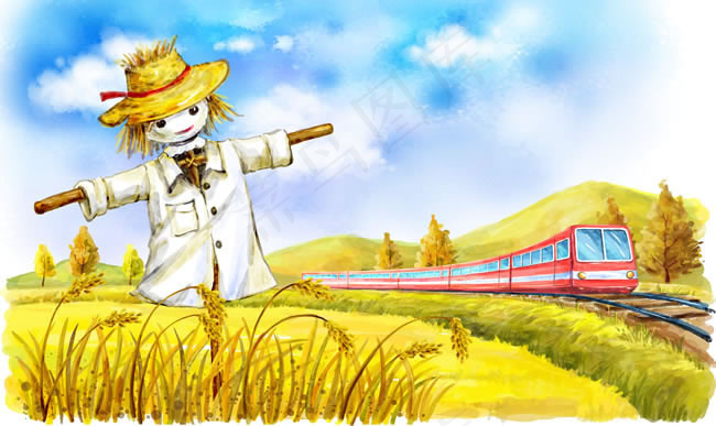 手绘麦田里的稻草人与列车插画