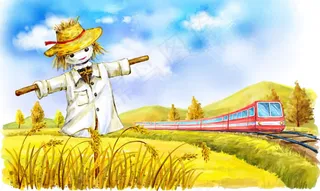手绘麦田里的稻草人与列车插画