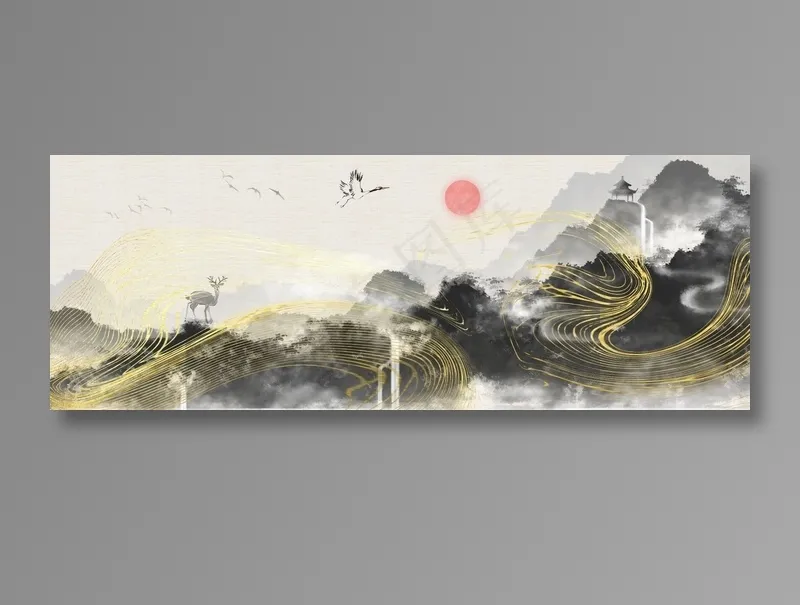 中国风水墨黑白朦胧山水长图壁纸背景