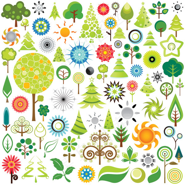 各种卡通树树叶太阳素材
