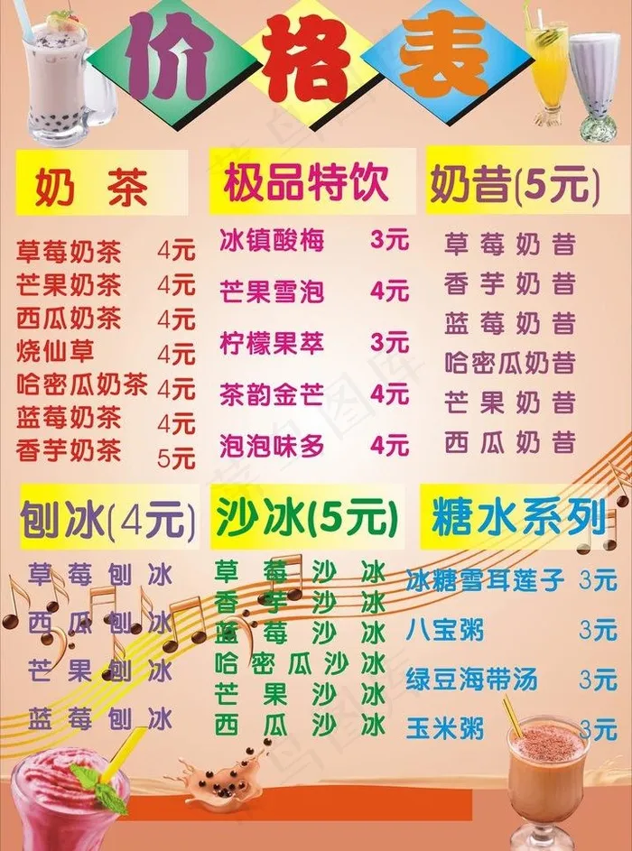 奶茶店价目表图片cdr矢量模版下载