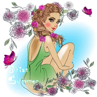 花卉蝴蝶与卡通美女漫画