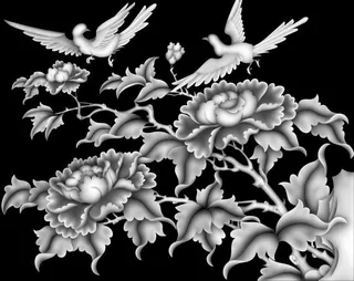 牡丹花鸟灰度图