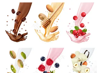 流淌的牛奶中九种不同的水果干果矢量...