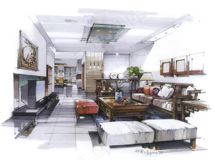 客厅室内设计手绘图片素材