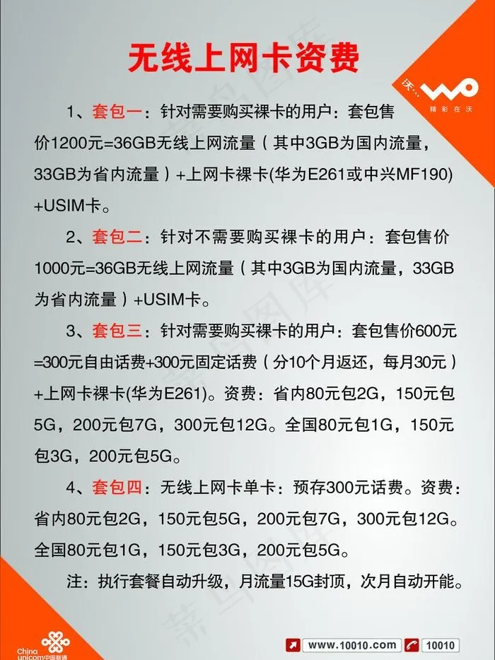 线上网卡资费 联通图片psd模版下载