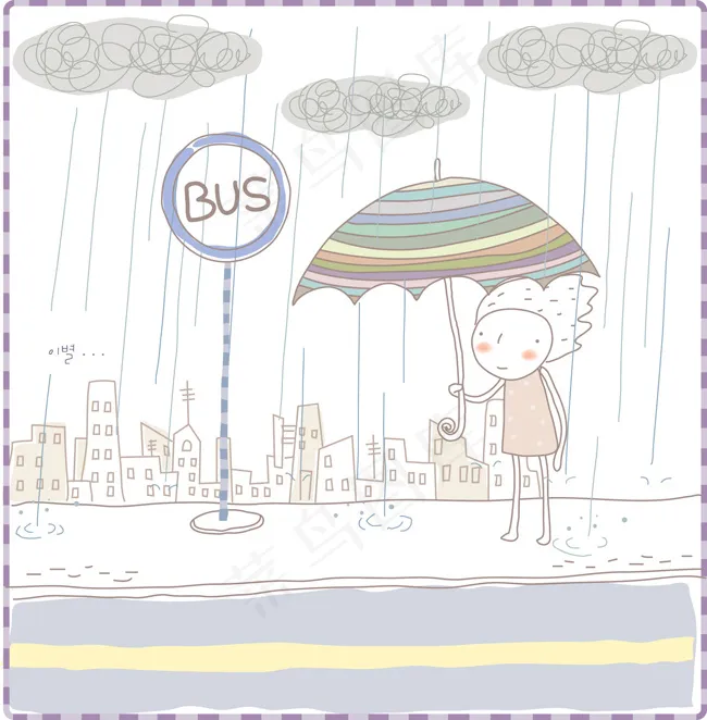 下雨天等公車的男孩ai矢量模版下载