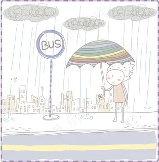 下雨天等公車的男孩