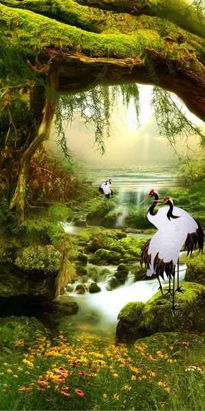 仙鹤梦幻仙境玄关背景墙装饰画