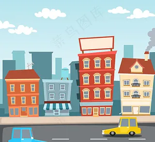 卡通街边建筑插画矢量素材图片