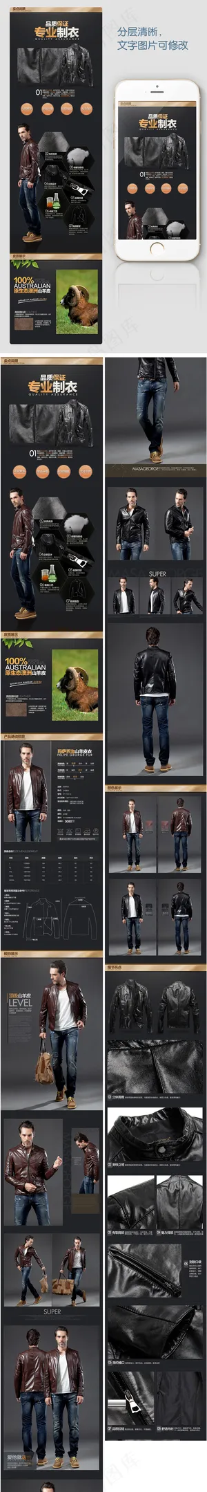 淘宝男装皮衣详情页细节描述模板