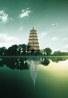 古典宝塔湖面倒影PSD素材