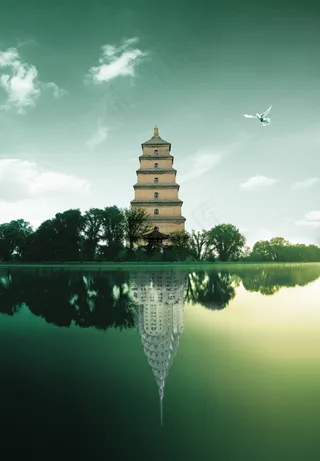 古典宝塔湖面倒影PSD素材