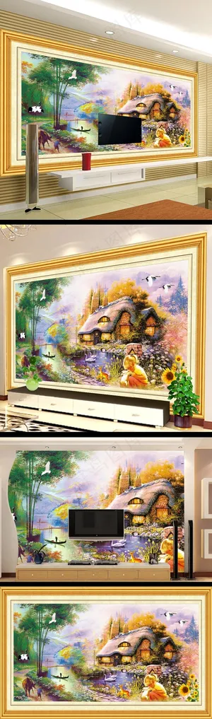 清雅乡间小溪风景油画电视墙设计