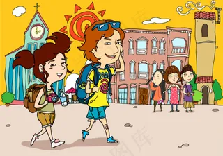 建筑风景插画人物图