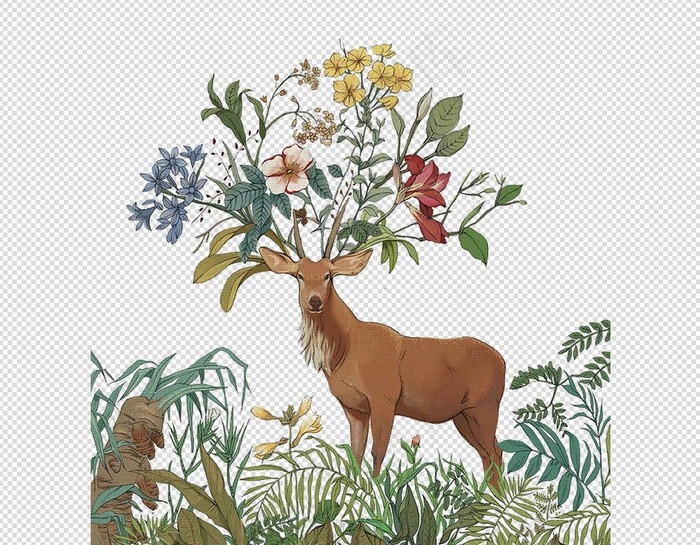实物卡通手绘插画麋鹿梅花鹿鹿角PN...