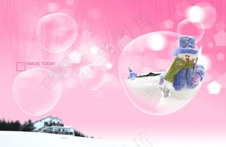 粉色背景前的泡泡和雪人