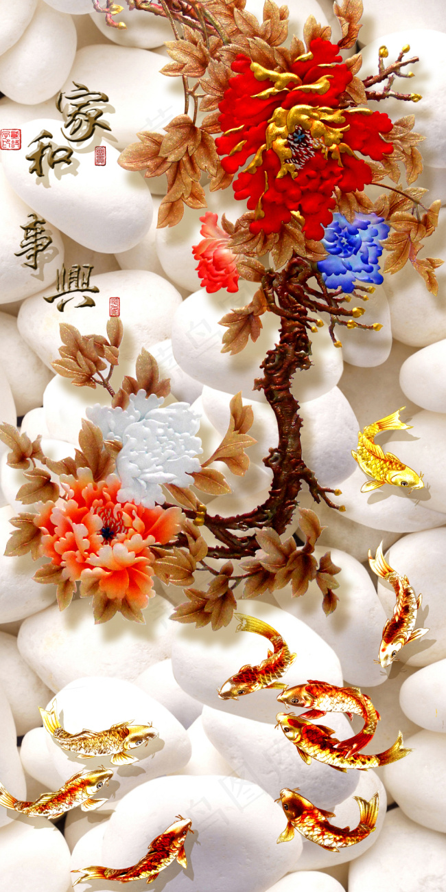 家和万事兴池塘花朵鱼玄关背景
