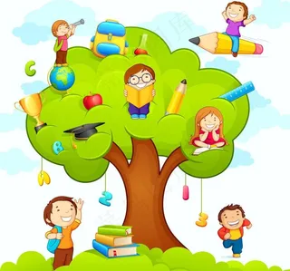 绿树上下的卡通儿童图片