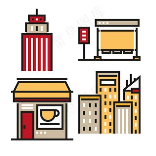 多色手绘建筑icon图标
