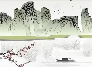 群山江面扁舟图片