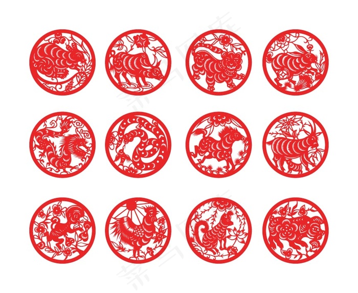 十二生肖剪纸矢量素材