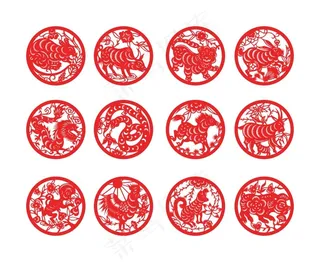 十二生肖剪纸矢量素材