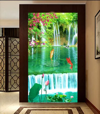 3D玄关过道背景中式风景山水瀑布