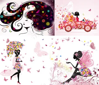 蝴蝶花卉女性剪影矢量素材