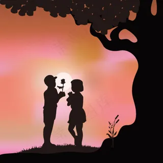 夕阳下的情侣剪影矢量素材
