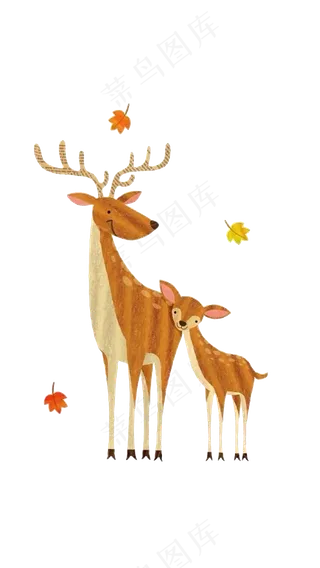 可爱的梅花鹿母女亲密手绘素材
