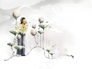 手绘植物花卉与美女插画psd素材