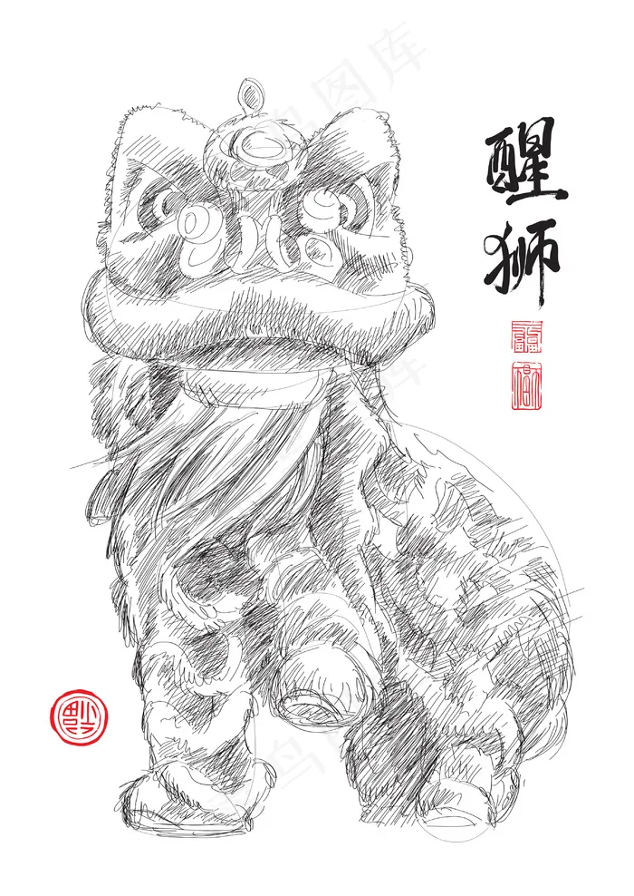 中国舞狮的汉语文本翻译素描：狮子的...eps,ai矢量模版下载