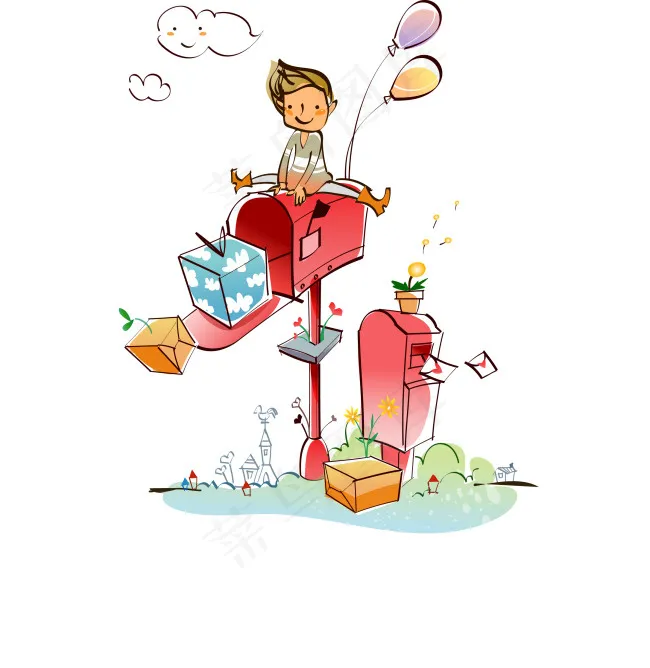 坐在邮件箱上的小男孩ai高清矢量插...ai矢量模版下载