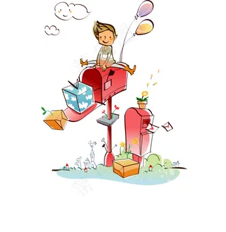坐在邮件箱上的小男孩ai高清矢量插...