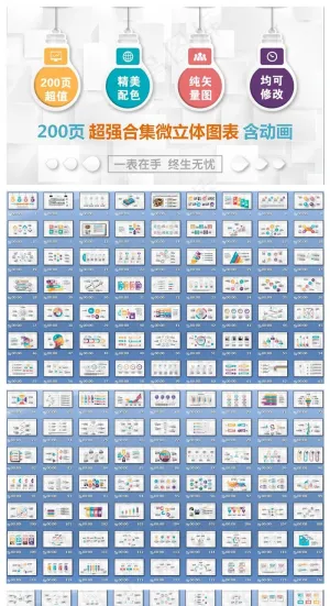 精美微粒体PPT图表素材模板年终工作总结商务汇报立体数据分析图预览图