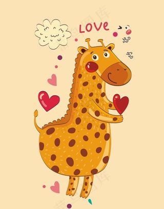 卡通动物图案插画长颈鹿心形
