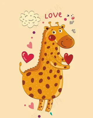 卡通动物图案插画长颈鹿心形