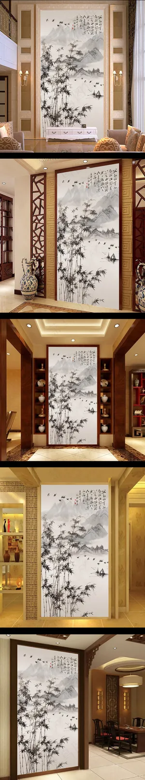 水墨竹林山水玄关背景墙
