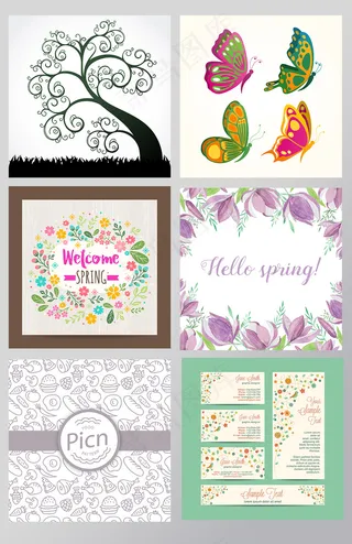 花草树森蝴蝶手绘素材