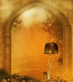 浪漫影楼背景 蘑菇树 花丛 湖水图片