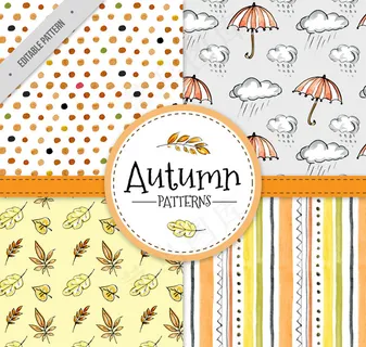 4款彩绘秋季元素无缝背景矢量图