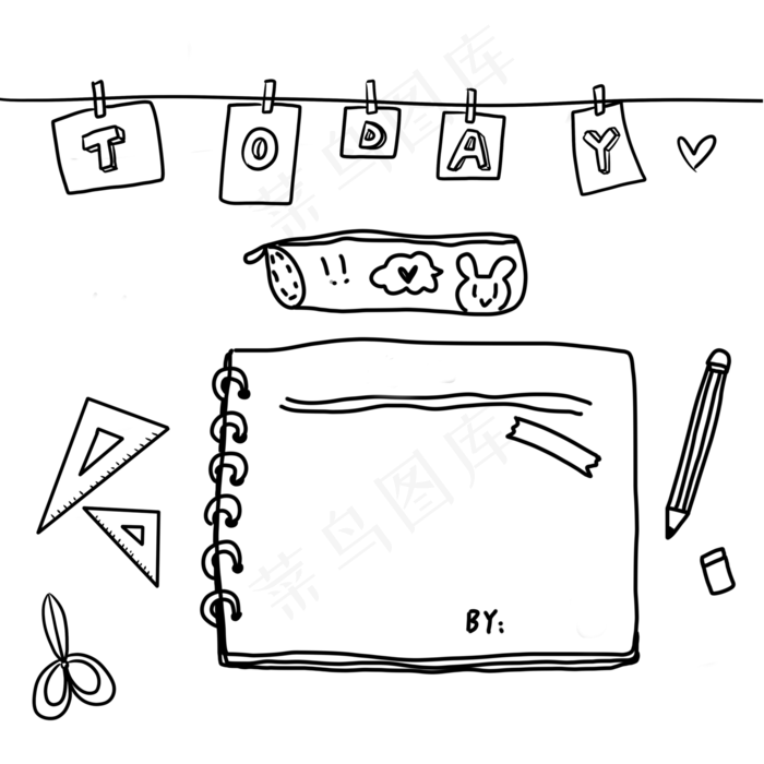 手绘手账素材黑白可爱卡通祝福空白卡片