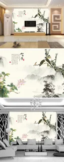 山水情工笔花鸟电视背景墙