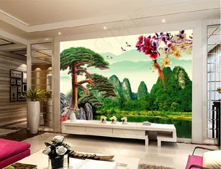 流水生财迎客松山水风景画电视背景墙