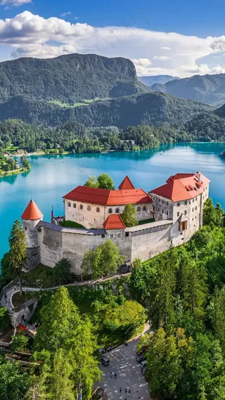 湖泊边上的城堡高清摄影图片