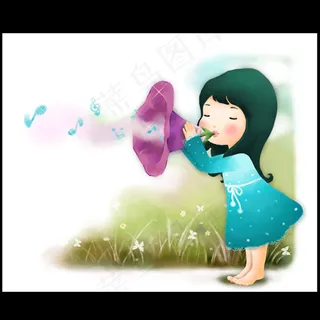 吹喇叭花的卡通女孩